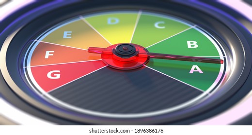 Energy Efficiency Classification, Car Dashboard Speedometer. Alternative Green Energy Or Fuel. 3d Illustration