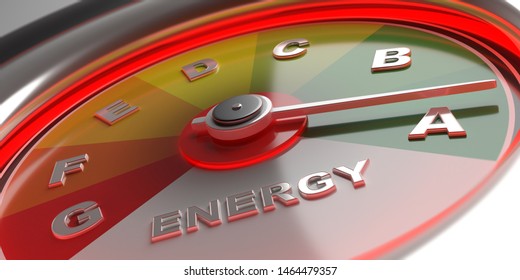 Energy efficiency classification. Energy efficient performance, car dashboard speedometer, close up. 3d illustration