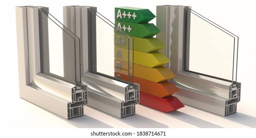 Energy Efficient Aluminum Profile Frames Double Glazing Isolated On White Background. Windows And Doors Detail Cross Section.  3D Illustration