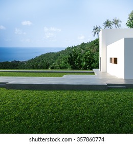 Energy Efficient Concrete Modern House On The Hill Above The Ocean In The Jungle. 3D Render