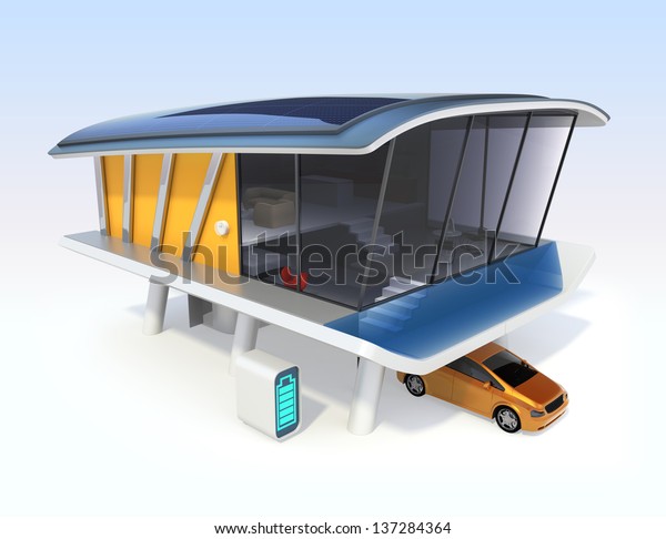 Energy efficient houses concept. Single house.\
Electric vehicles, home batteries system,roof mounted solar\
panels.Original\
design.