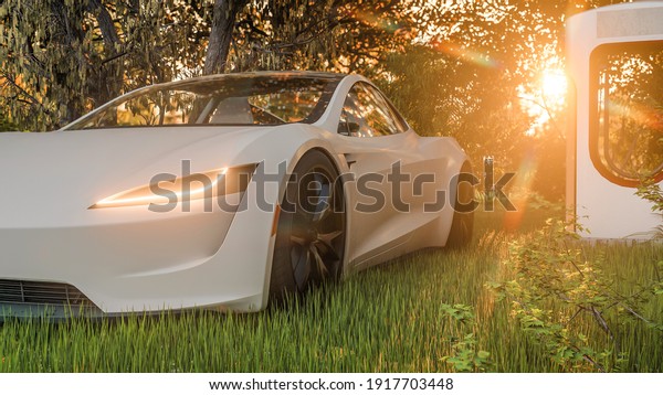 Energy efficient\
vehicle concept, electric vehicle, electric car near charging\
station in a park 3d\
rendering