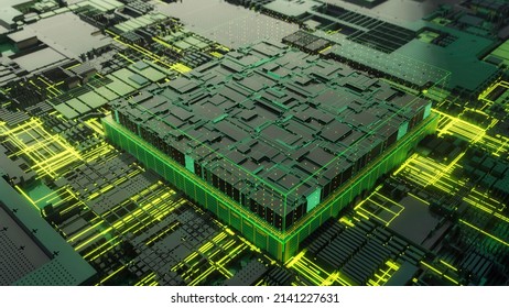Energy flows from CPU into motherboard. Technology background. Futuristic sci-fi theme. 3D render.