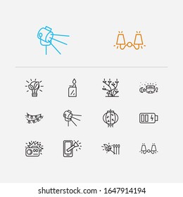 Energy Icons Set. Match And Energy Icons With Camera Flash Light, Phone Flash Light And Chinese Lantern. Set Of Glow For Web App Logo UI Design.