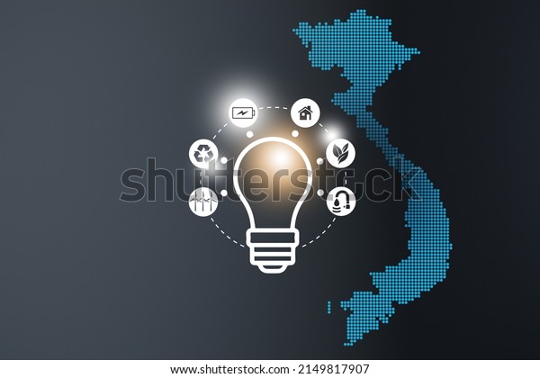  Energy innovation with future industry of\
power generation icons graphic interface. Interactive map of  \
Vietnam on blue\
background