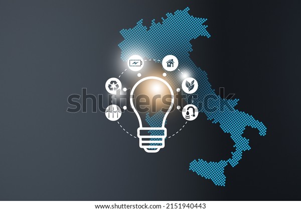  Energy innovation with future industry of\
power generation icons graphic interface. Interactive map of  Italy\
 on blue background