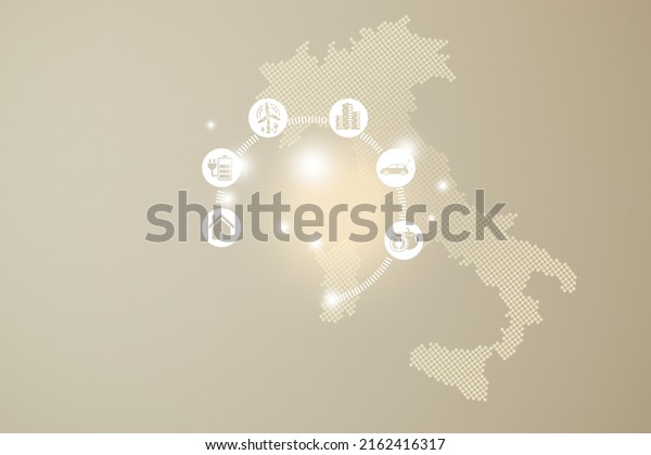  Energy innovation with future industry of\
power generation icons graphic interface. Interactive map of  Italy\
 on beige background