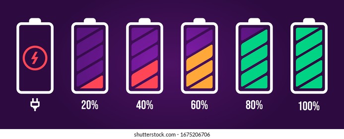 Energy Level Icon. Charge Load, Phone Battery Indicator, Smartphone Power Level, Accumulator Energy Empty And Full Status  Icons Set. Stages Of Gadget Recharging. Charging Energy Percent