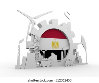 Energy And Power Icons Set With Egypt Flag. Sustainable Energy Generation And Heavy Industry. 3D Rendering