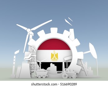 Energy And Power Icons Set With Egypt Flag. Sustainable Energy Generation And Heavy Industry. 3D Rendering. Blue Sky Backdrop