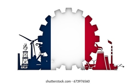 Energy and Power icons set with flag of the France. Sustainable energy generation and heavy industry. 3D rendering.