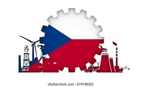 Energy and Power icons set with flag of the Czech. Sustainable energy generation and heavy industry. 3D rendering.