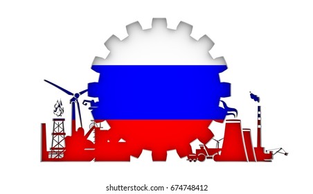 Energy and Power icons set with flag of the Russia. Sustainable energy generation and heavy industry. 3D rendering.