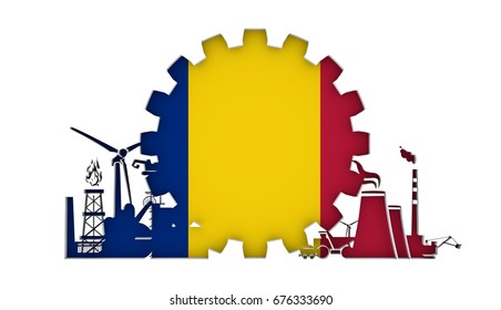 Energy and Power icons set with flag of the Romania. Sustainable energy generation and heavy industry. 3D rendering.