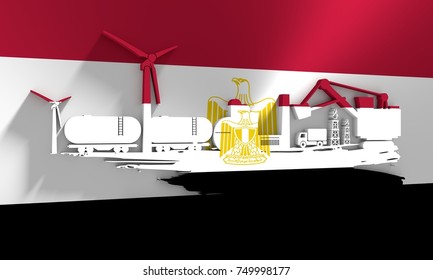 Energy And Power Icons Set And Grunge Brush Stroke. Energy Generation, Transportation And Heavy Industry Relative Image. Flag Of The Egypt. 3D Rendering