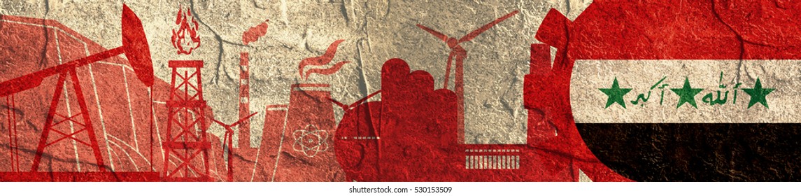 Energy And Power Icons Set. Header Banner With Iraq Flag. Sustainable Energy Generation And Heavy Industry. Concrete Textured