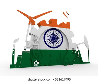 Energy And Power Icons Set With India Flag. Sustainable Energy Generation And Heavy Industry. 3D Rendering