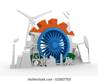 Energy And Power Icons Set With India Flag. Sustainable Energy Generation And Heavy Industry. 3D Rendering