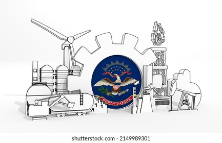 Energy and power industrial concept. Industrial icons and gear with flag of North Dakota. 3D Render