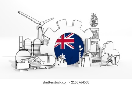 Energy And Power Industrial Concept. Industrial Icons And Gear With Flag Of Australia. 3D Render