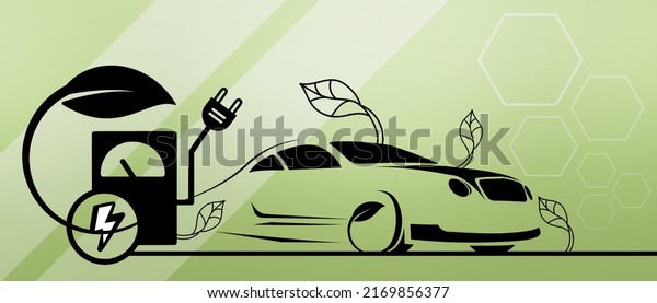 Energy saving concept with electric car for\
power station charger battery of green energy and eco power Concept\
on green background. plugged, futuristic, technology, electricity\
energy - 3d\
rendering