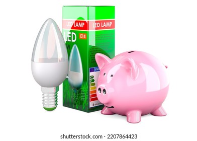 Energy Savings LED Lamp With Piggy Bank. Saving Energy Consumption Concept. 3D Rendering Isolated On White Background