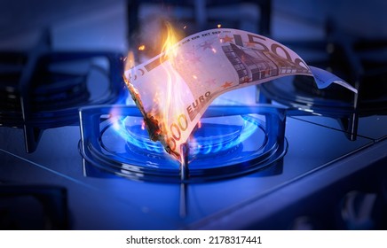 Energy Shortage Crisis: Natural Gas Prices In Europe Hit Record. Natural Gas Cooker And Burning Euro Money Bill. Domestic Kitchen Stove, 500 Euro On Fire. Fuel Economy, EU Industrial Energy Crunch, 3D