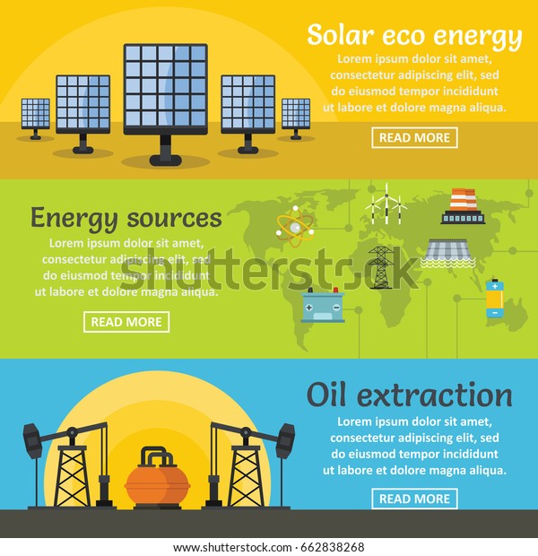 Energy\
sources banner horizontal concept set. Flat illustration of 3\
energy sources  banner horizontal concepts for\
web