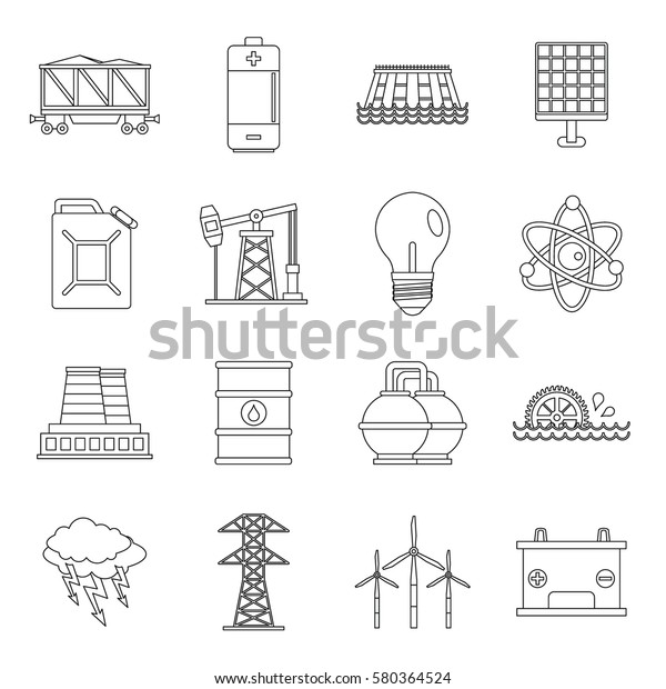 Energy sources icons set. Outline illustration of\
16 energy sources  icons for\
web
