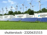 Energy storage systems with wind turbines and solar farms, Solar panels, Green alternative energy concept. 3D illustration
