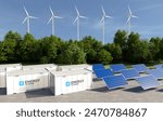 Energy storage systems with wind turbines and solar farms, Green alternative energy, Net zero emissions concept. 3D illustration