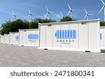 Energy storage systems with wind turbines, Green alternative energy concept. 3D illustration