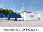 Energy storage systems with wind turbines and solar farms, Green alternative energy, Net zero emissions concept. 3D illustration