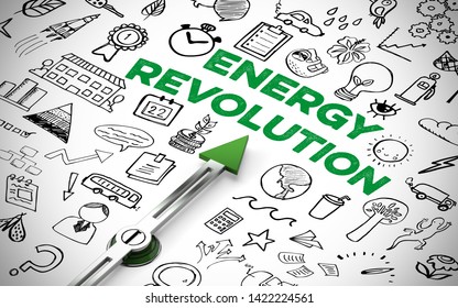 Energy Transition Concept With Icons And Compass Arrow Pointing To The Words Energy Revolution (3d Rendering)