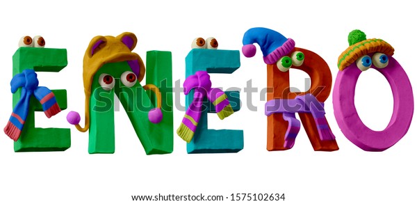Enero, January. Spanish text. Winter clothes alphabet. Plasticine alphabet. Winter Font. Colorful Play dough (Plasticine or Clay).  Creat by hands. Isolated on white background.- 3D ilustration