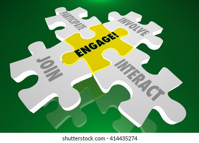 Engage Join Participate Involve Interact Puzzle Pieces 3d Illustration Words