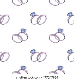 Engagement Ring 3. Seamless Pattern. Watercolor Illustration. Hand-drawing. 
For Design Wedding Invitations, Postcards And Presentation Of Gifts.