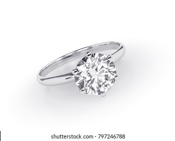 Engagement Ring With A Big Round Solitaire Diamond. Isolated On White Background. 3D Rendering Illustration