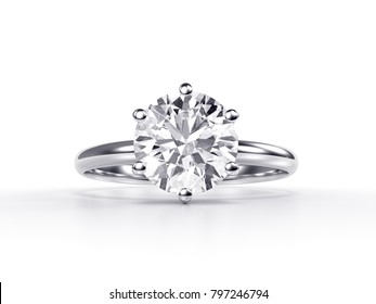 Engagement ring with a big round solitaire diamond. Isolated on white background. 3D rendering illustration