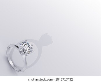 Engagement ring with a round cut diamond in the image corner on white background. 3D rendering illustration