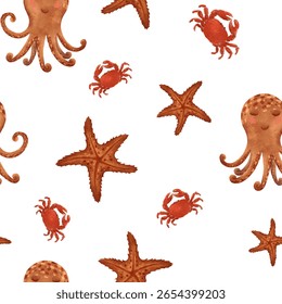 An Engaging Ocean Life Pattern Featuring Colorful Octopuses, Crabs, and Playful Stars
