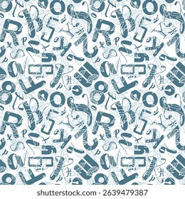 Engaging seamless pattern combining bold abstract typography with subtle organic leaf outlines, creating a modern and unique design for various creative applications.