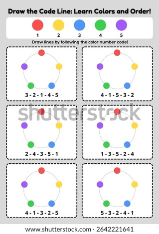 Engaging worksheet for kids: 'Draw the Code Line.' Children follow color number codes to connect dots, enhancing color recognition, number sequencing, and fine motor skills.