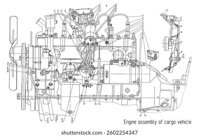 Engine assembly of cargo vehicle.
Engineering mechanical drawing of automotive
device. Industrial cad scheme on white paper sheet. 
Technology design of machine building industry. 
Machined template.