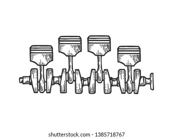 Engine car motor pistons on crankshaft sketch engraving raster illustration. Scratch board style imitation. Black and white hand drawn image.