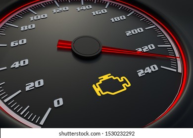 Engine Check Light On Car Dashboard. 3D Rendered Illustration.