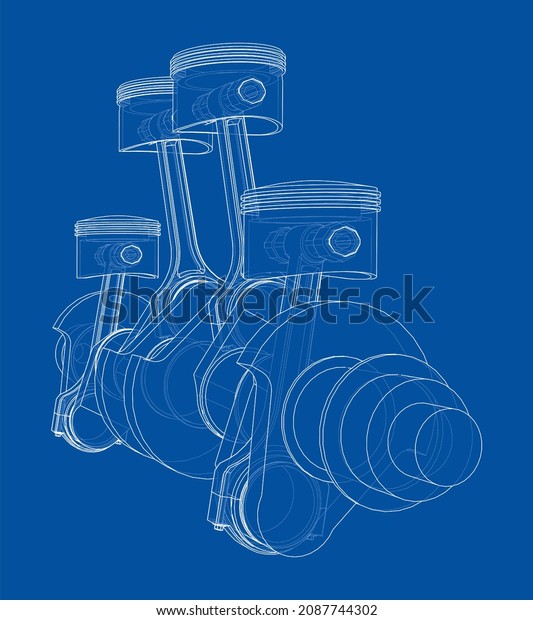 Engine crankshaft with pistons outline. 3d\
illustration. Wire-frame\
style