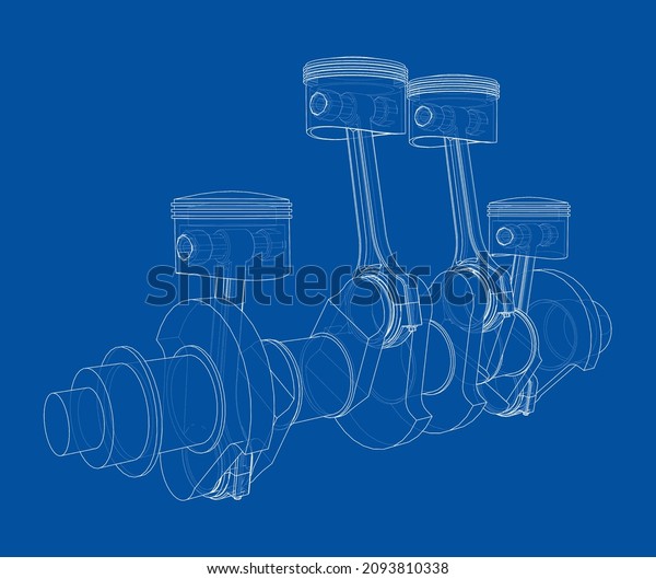 Engine crankshaft with pistons outline. 3d\
illustration. Wire-frame\
style