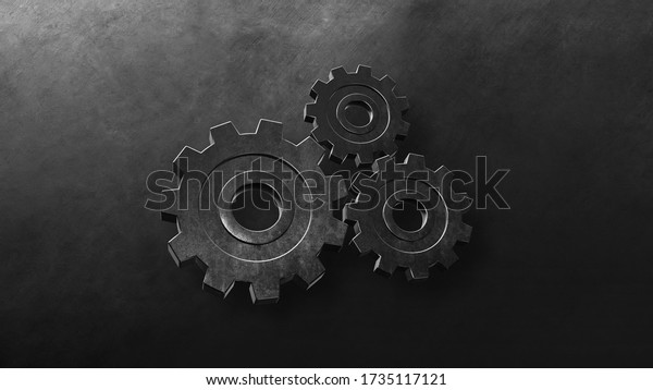 engine gears\
wheels dark metallic gears. Iron clockwork machinery. Industrial\
metallic construction. Symbol of teamwork. perfect for business\
related purposes. 3D\
rendering