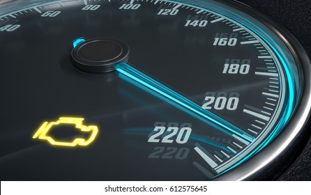 Engine malfunction warning light control in car dashboard. 3D rendered illustration.